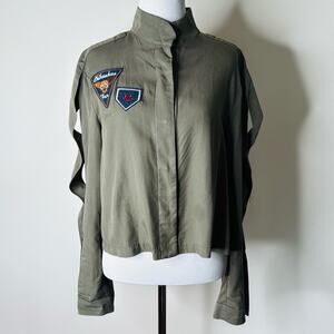 Zara Army Green Chihuahua Fan Patch Moto Jacket